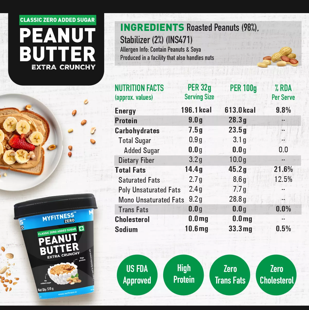 MyFitness Peanut Butter - Classic Zero | 28% Protein | Extra Crunchy | Zero Sugar Peanut Spread - Image 3